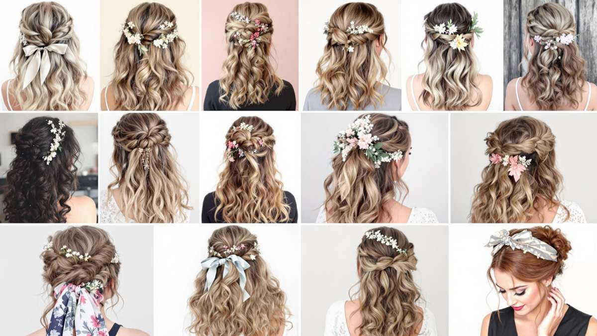 Collage de coiffures pour cheveux mi-longs et bouclés : tresses romantiques, chignons élégants, ondulations naturelles et accessoires tendance comme foulards et barrettes, pour un look naturel et chic.