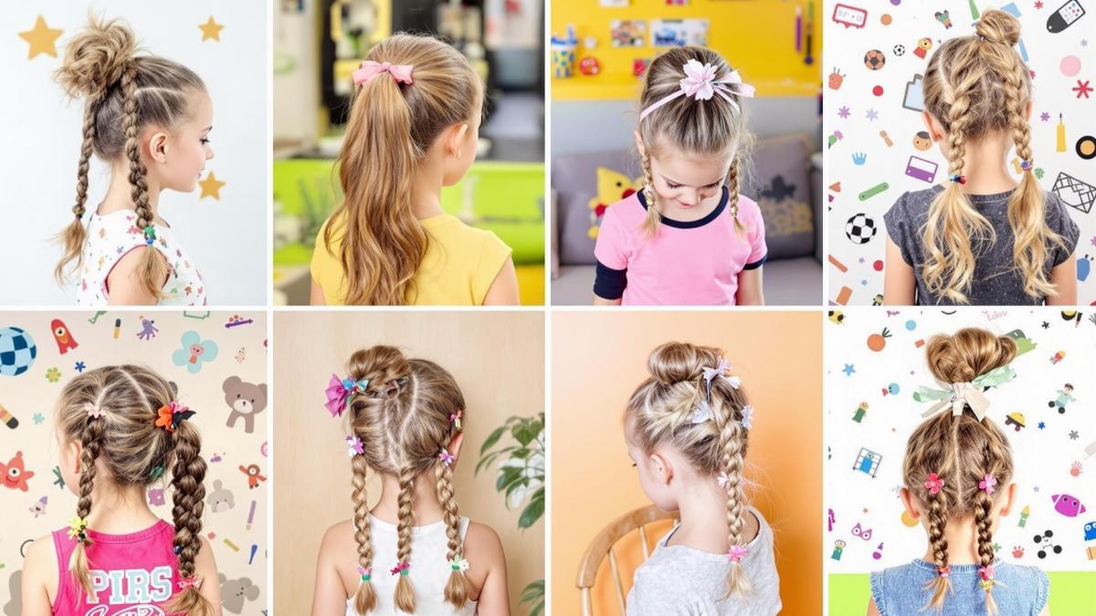 Collage de coiffures pratiques pour enfants pendant le sport : queues de cheval hautes, doubles tresses et chignons, sur fond ludique.